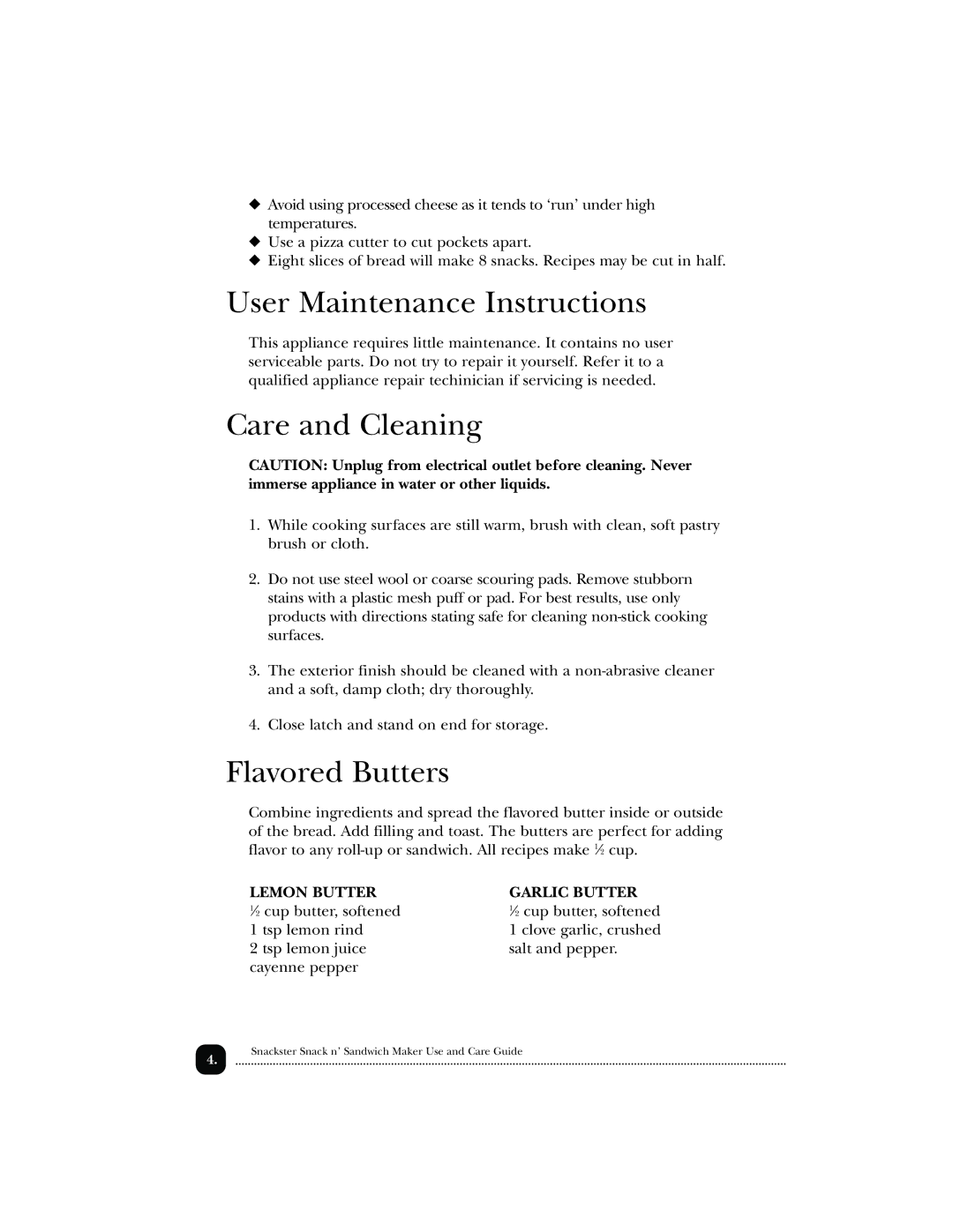 Toastmaster 288, TSM2, 289 User Maintenance Instructions, Care and Cleaning, Flavored Butters, Lemon Butter Garlic Butter 