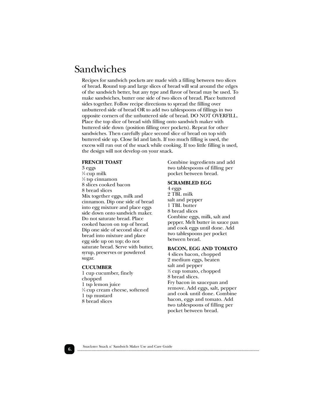 Toastmaster TSM2, 289MEX, 288K, 378589, 288MEX manual Sandwiches, Cucumber 