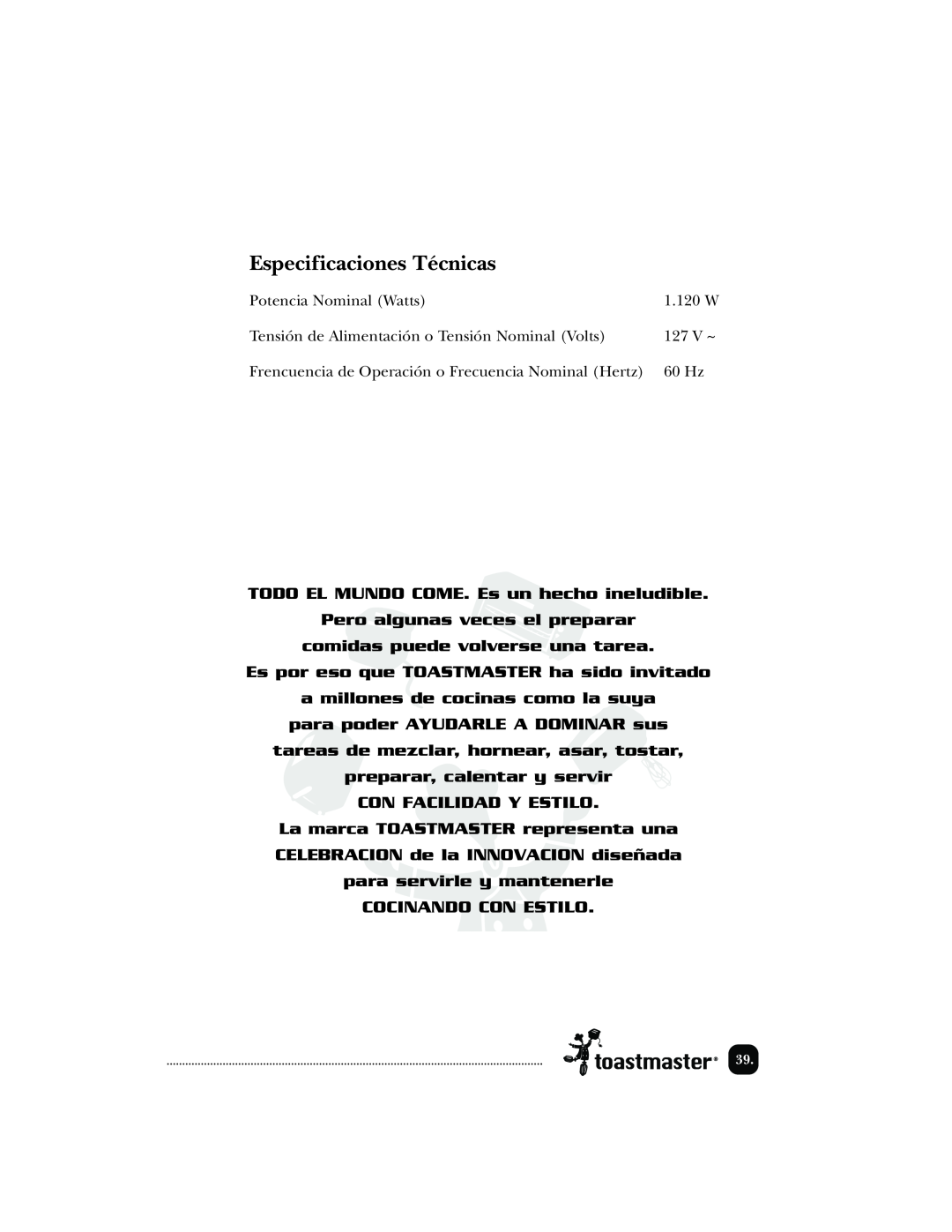 Toastmaster TSM2, 289MEX, 288K, 378589, 288MEX manual Especificaciones Técnicas 
