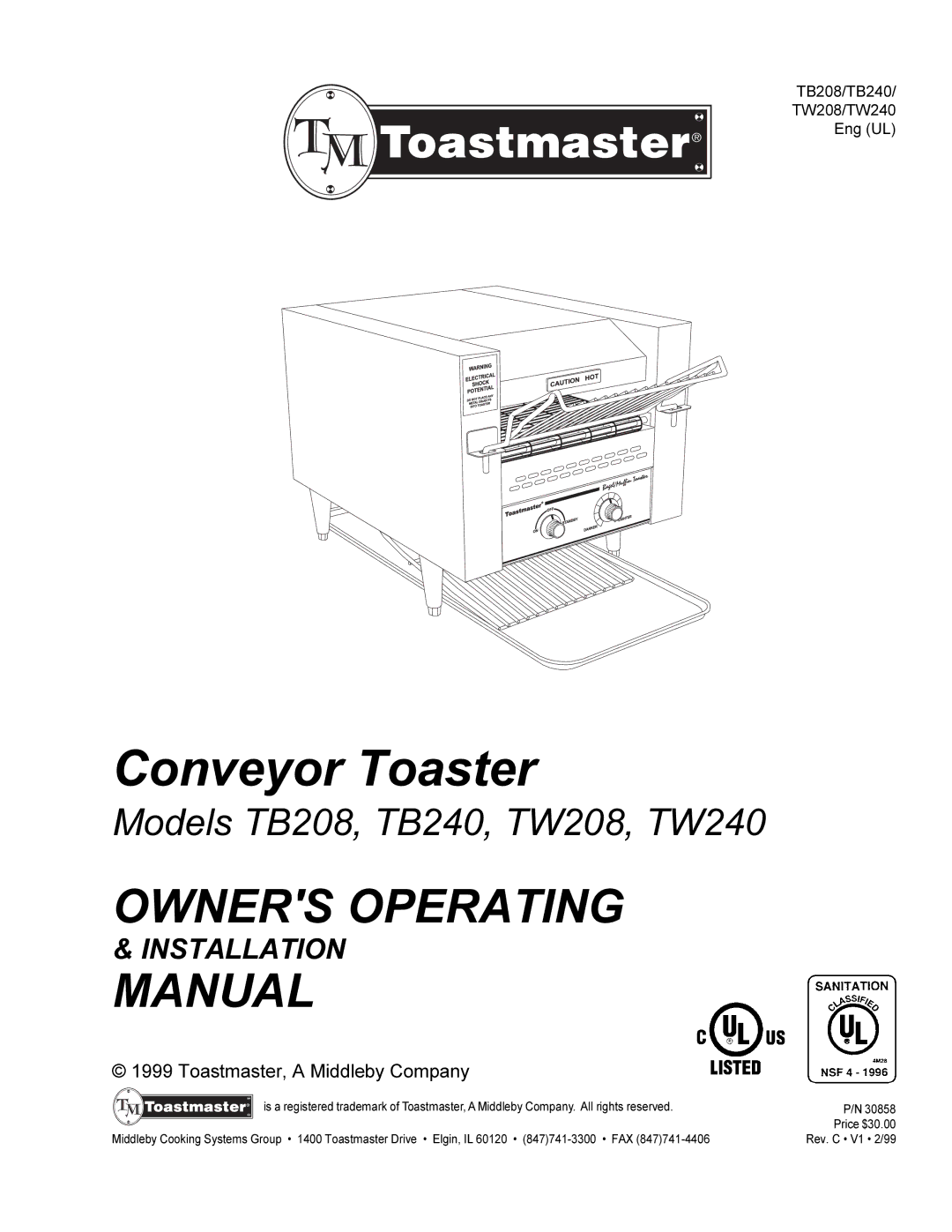 Toastmaster TW208, TW240, TB240, TB208 installation manual Conveyor Toaster 