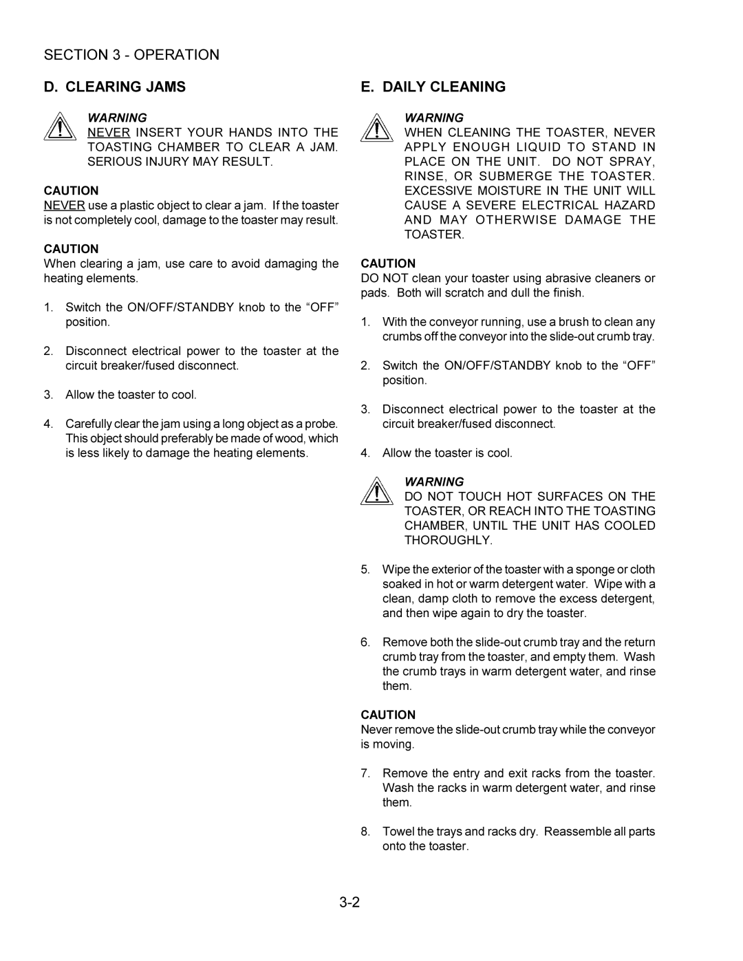 Toastmaster TB240, TW240, TW208, TB208 installation manual Clearing Jams, Daily Cleaning 