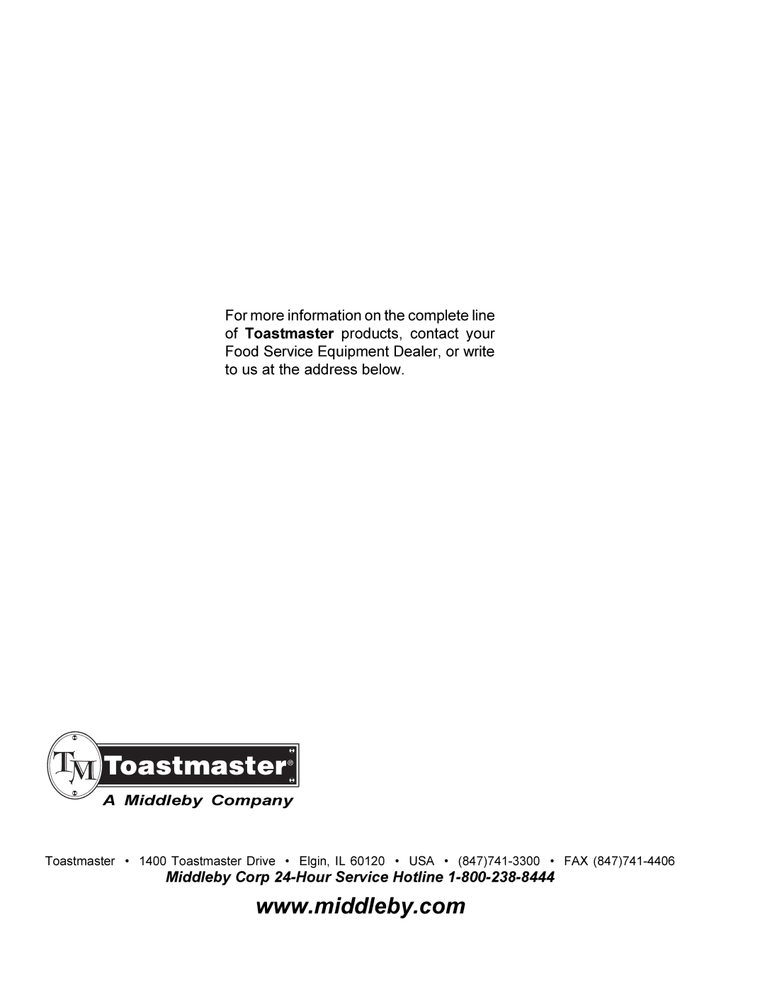 Toastmaster TW240, TW208, TB240, TB208 installation manual Middleby Company 