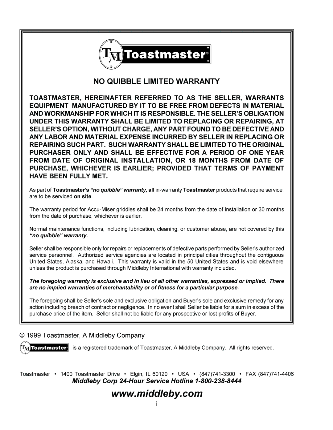 Toastmaster TB240, TW240, TW208, TB208 installation manual No Quibble Limited Warranty 