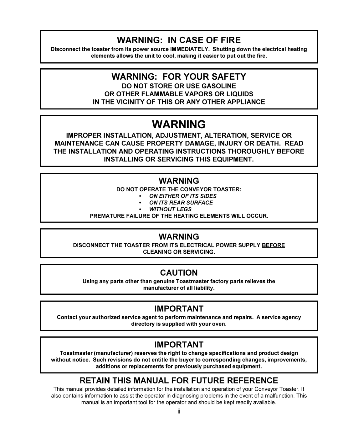 Toastmaster TB208, TW240, TW208, TB240 installation manual Retain this Manual for Future Reference 