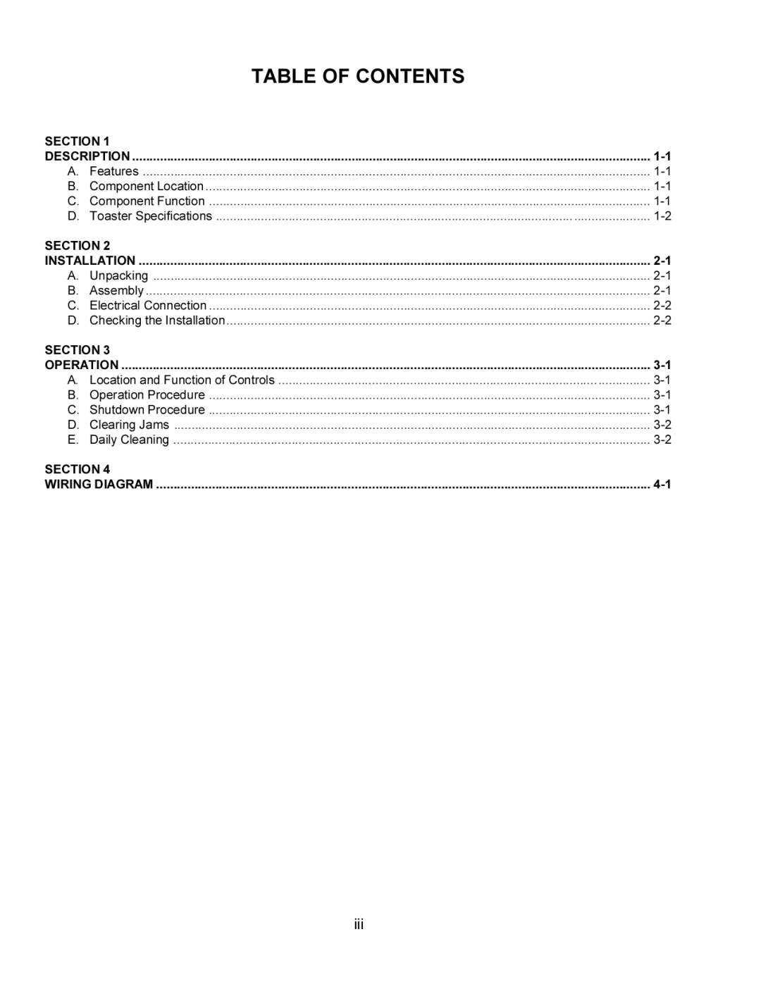 Toastmaster TW240, TW208, TB240, TB208 installation manual Table of Contents 