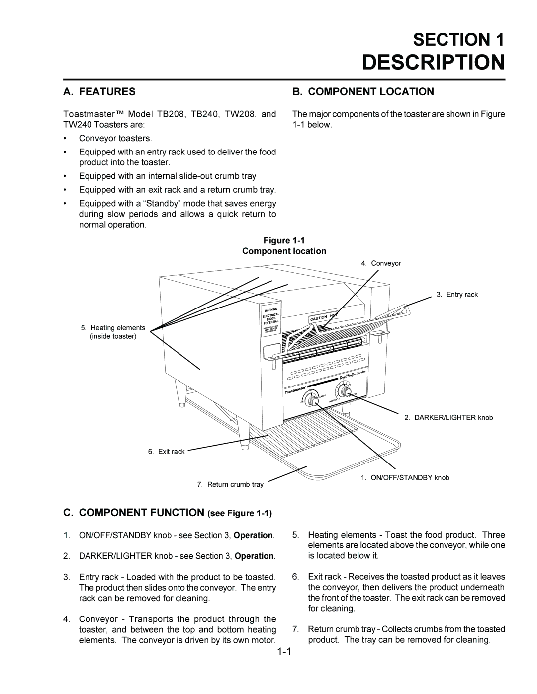 Toastmaster TW208, TW240, TB240, TB208 installation manual Description, Features, Component Location 