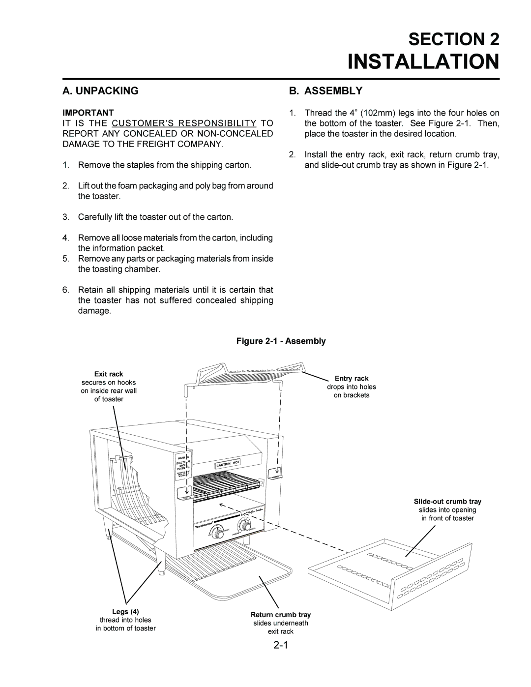 Toastmaster TB208, TW240, TW208, TB240 installation manual Installation, Unpacking, Assembly 