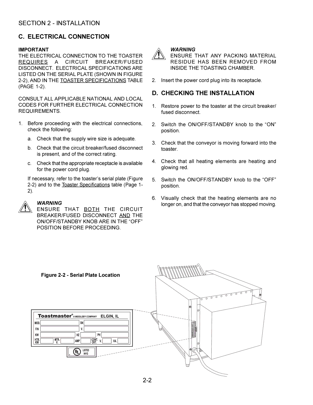Toastmaster TW240, TW208, TB240, TB208 installation manual Electrical Connection, Checking the Installation 