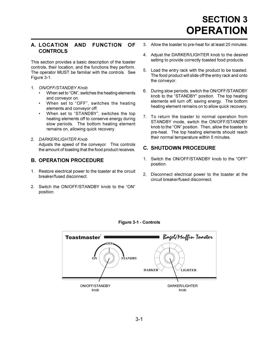 Toastmaster TW208, TW240, TB240, TB208 Location and Function of Controls, Operation Procedure, Shutdown Procedure 