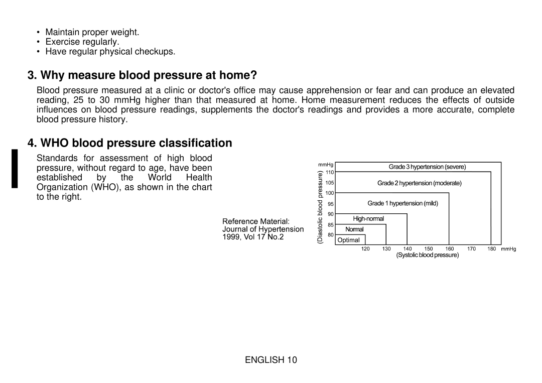 Toastmaster UB-328 instruction manual Why measure blood pressure at home?, WHO blood pressure classification 