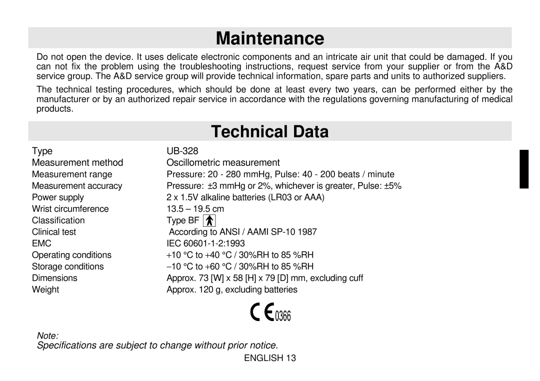 Toastmaster UB-328 instruction manual Maintenance, Technical Data 