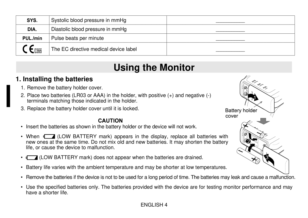 Toastmaster UB-328 instruction manual Using the Monitor, Installing the batteries 