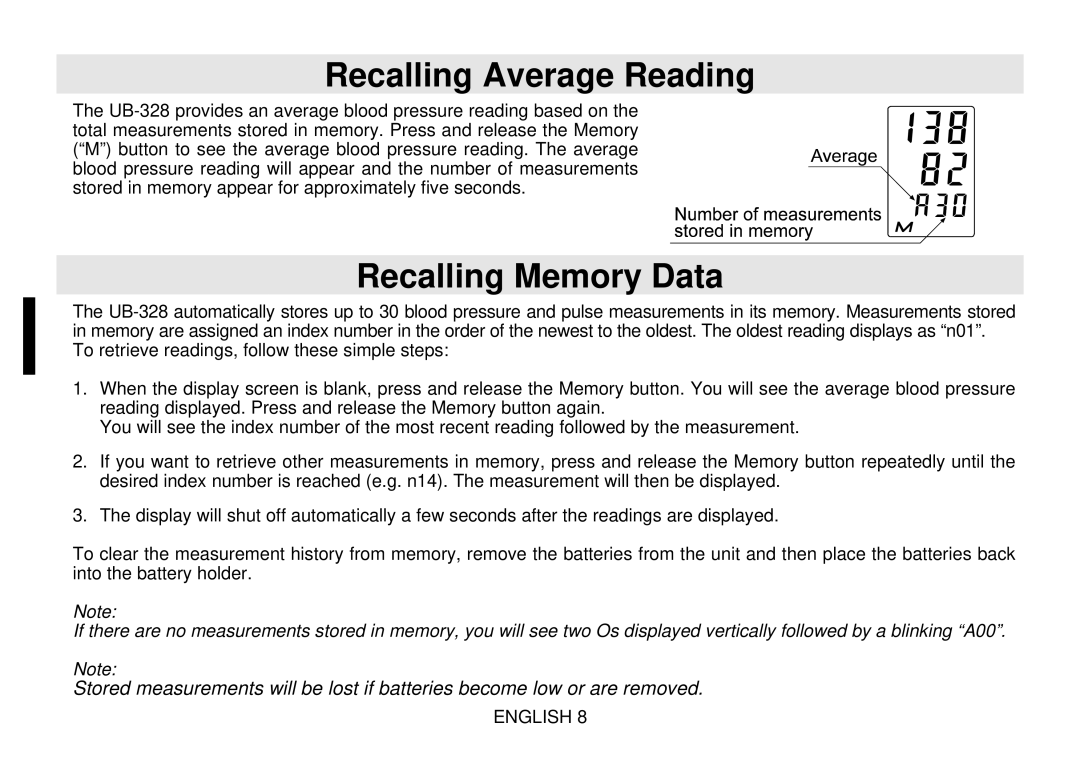 Toastmaster UB-328 instruction manual Recalling Average Reading, Recalling Memory Data 