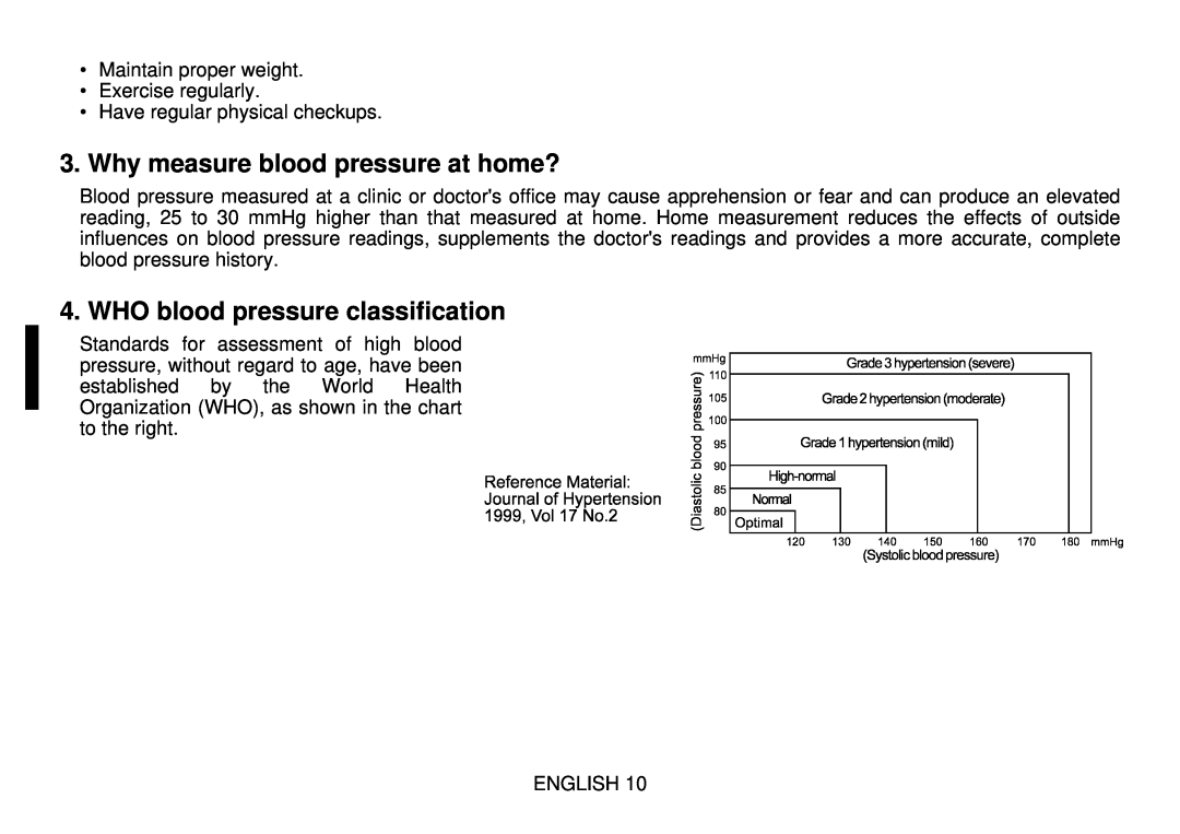 Toastmaster UB-328 instruction manual Why measure blood pressure at home?, WHO blood pressure classification 