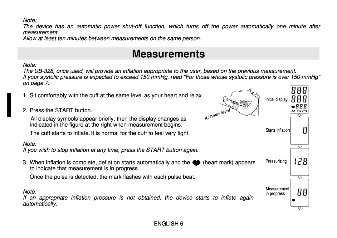 Toastmaster UB-328 instruction manual Measurements, Allow at least ten minutes between measurements on the same person 