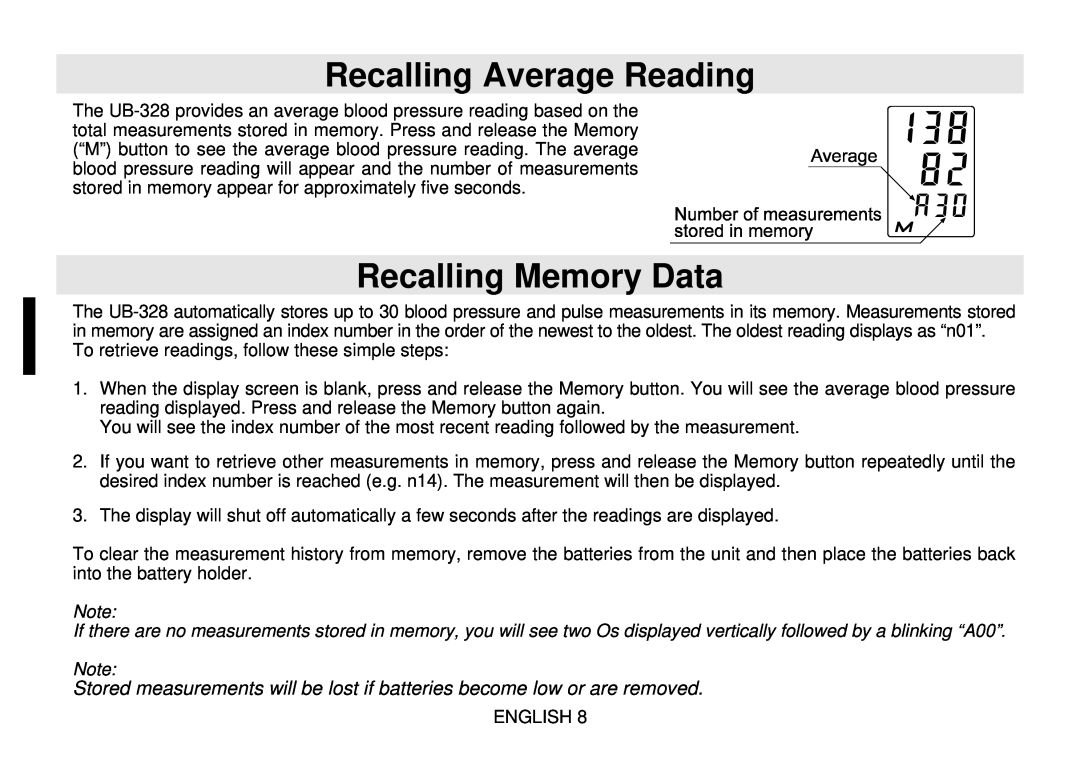 Toastmaster UB-328 instruction manual Recalling Average Reading, Recalling Memory Data 