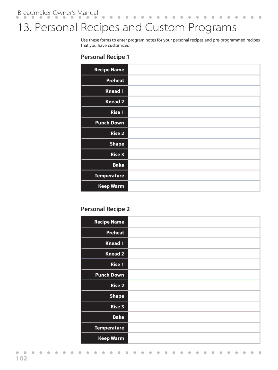 Toastmaster WBYBM1 manual Personal Recipes and Custom Programs, 102 