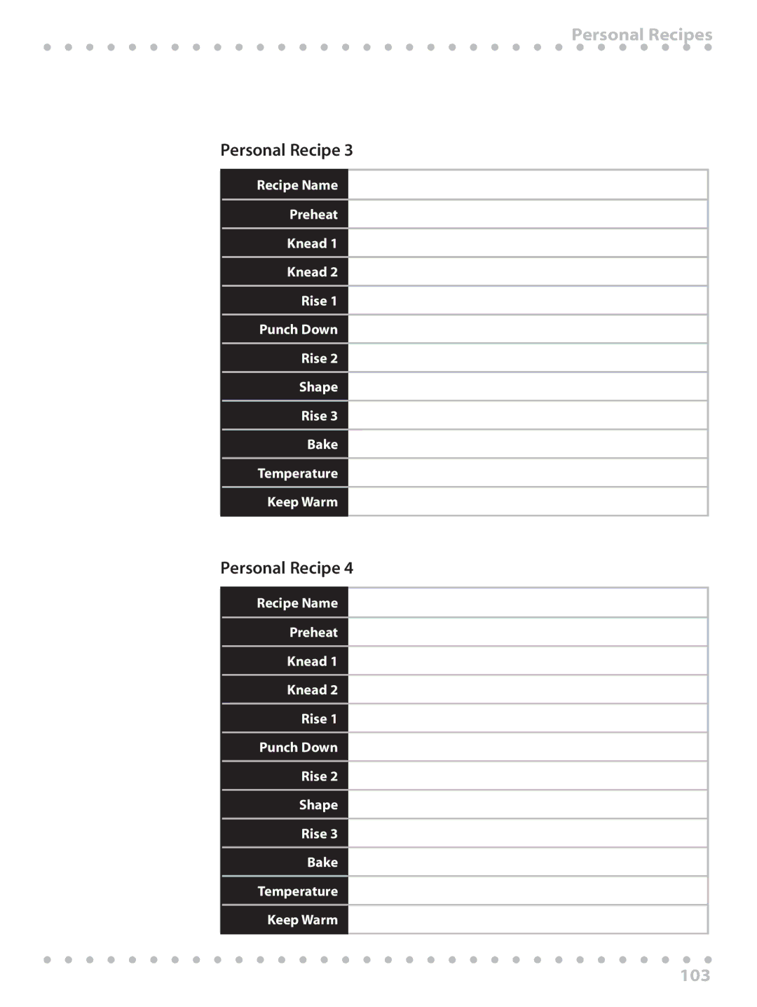 Toastmaster WBYBM1 manual Personal Recipes, 103 