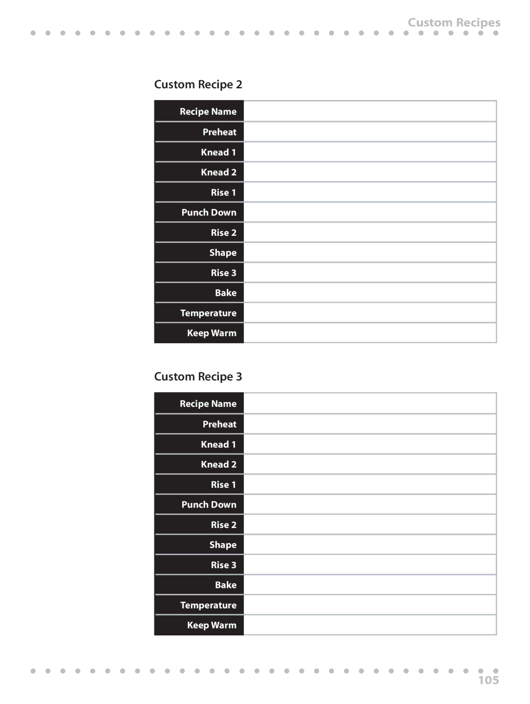 Toastmaster WBYBM1 manual Custom Recipes, 105 