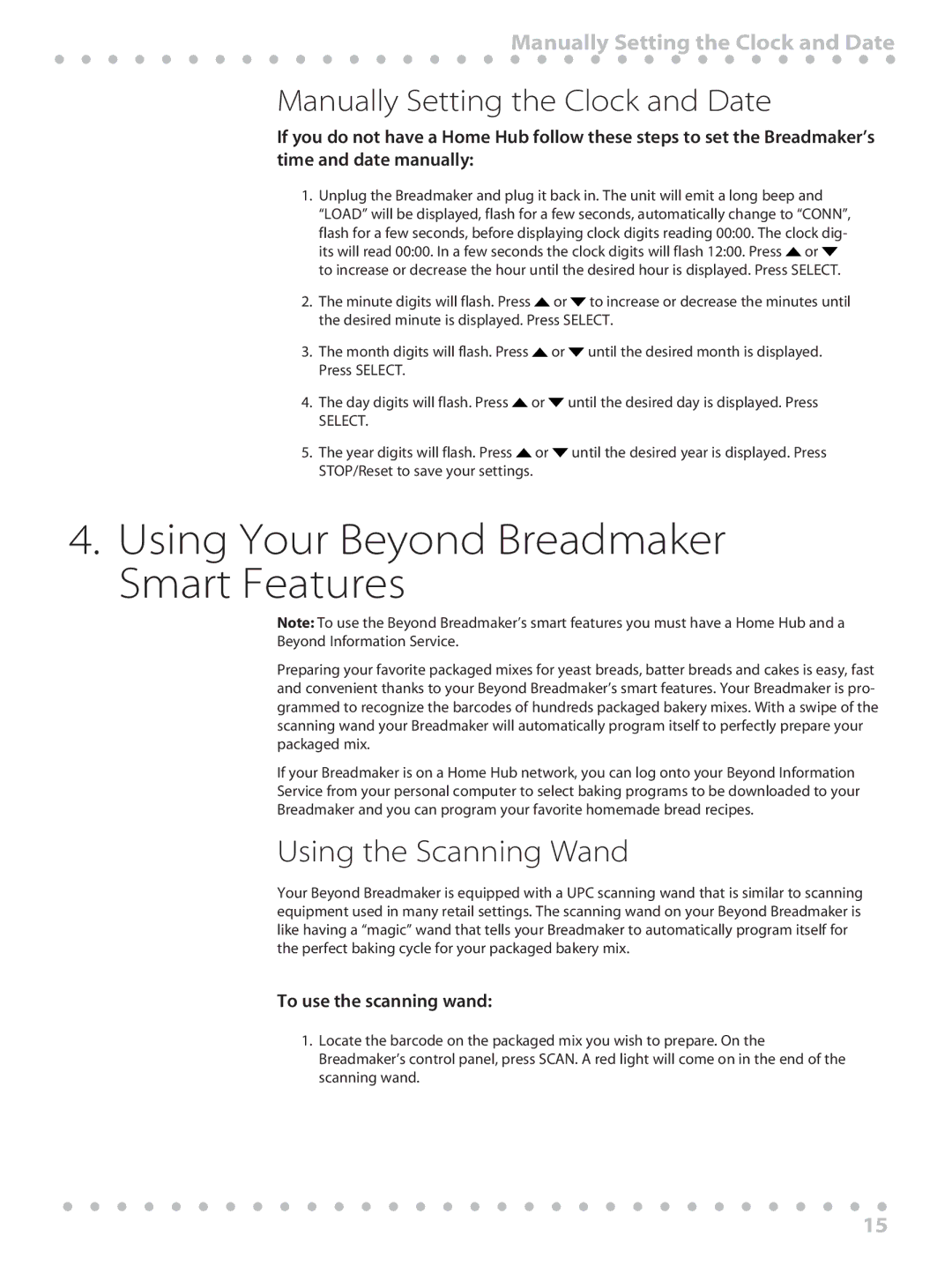 Toastmaster WBYBM1 manual Using Your Beyond Breadmaker Smart Features, Manually Setting the Clock and Date 