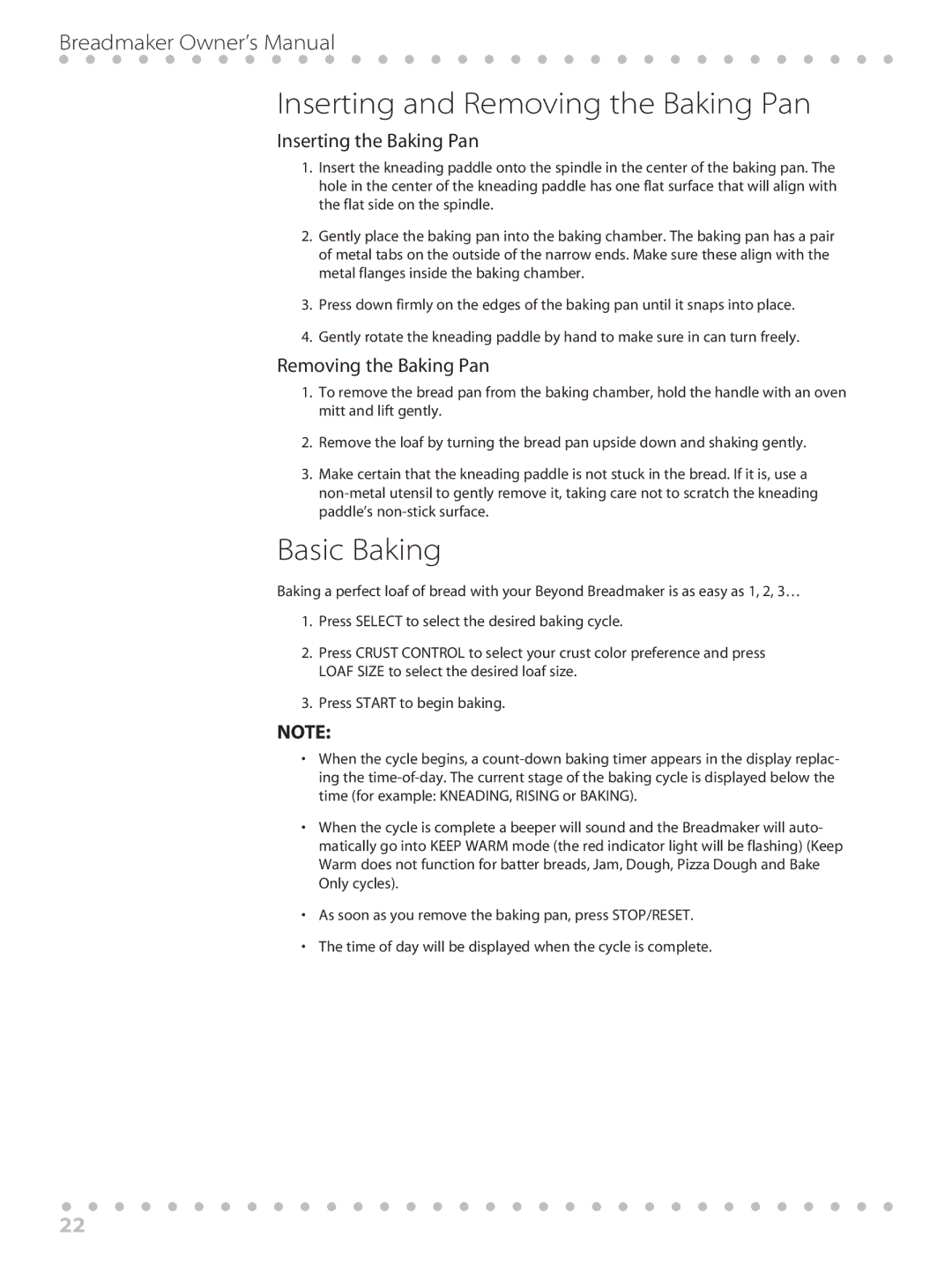 Toastmaster WBYBM1 manual Inserting and Removing the Baking Pan, Basic Baking, Inserting the Baking Pan 