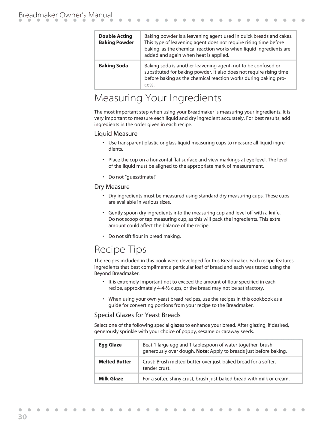 Toastmaster WBYBM1 Measuring Your Ingredients, Recipe Tips, Liquid Measure, Dry Measure, Special Glazes for Yeast Breads 