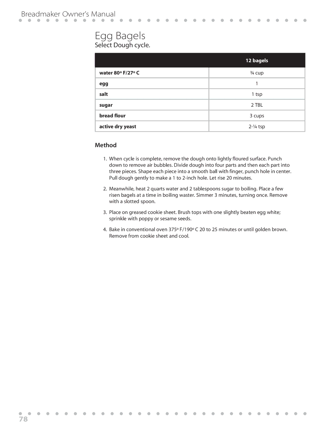 Toastmaster WBYBM1 manual Egg Bagels 