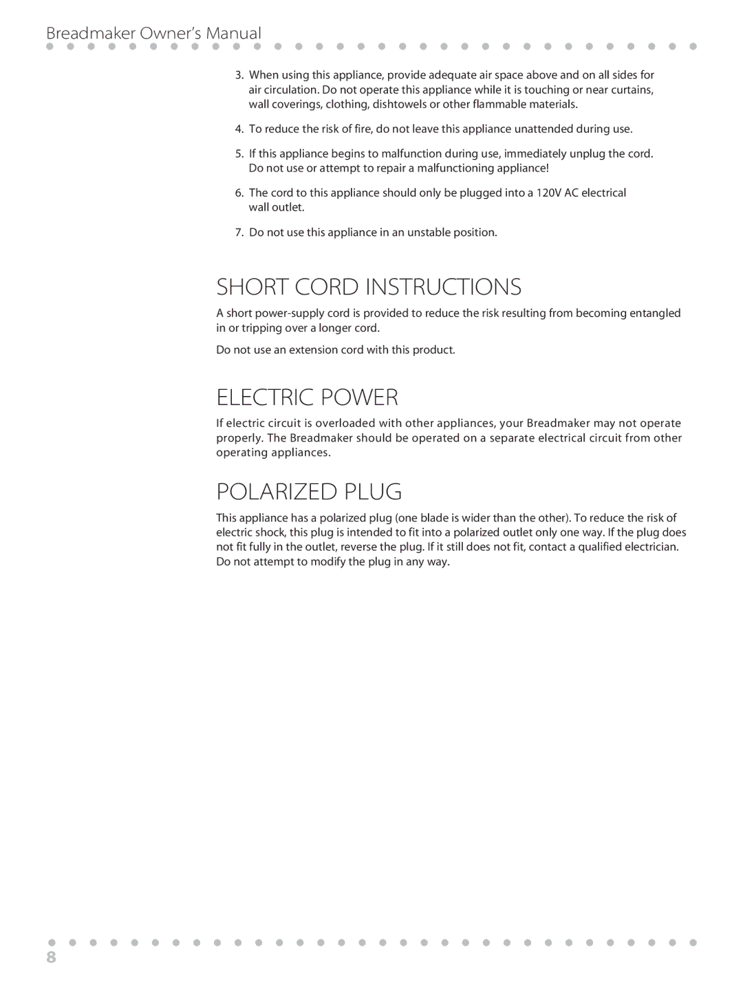 Toastmaster WBYBM1 manual Short Cord Instructions 