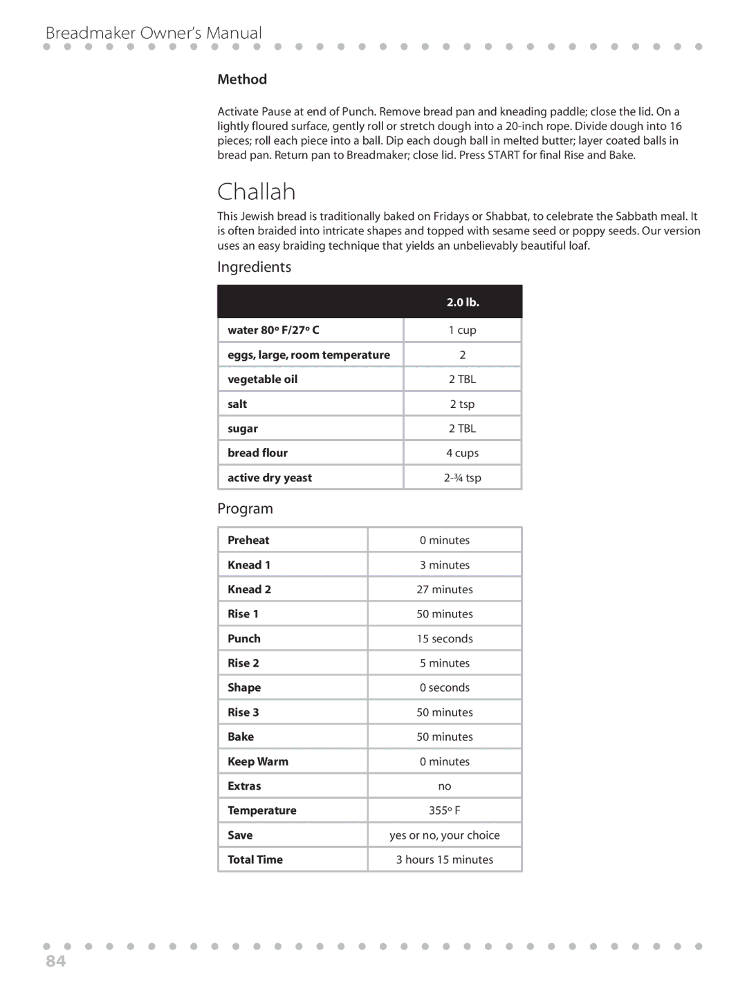 Toastmaster WBYBM1 manual Challah, Preheat 