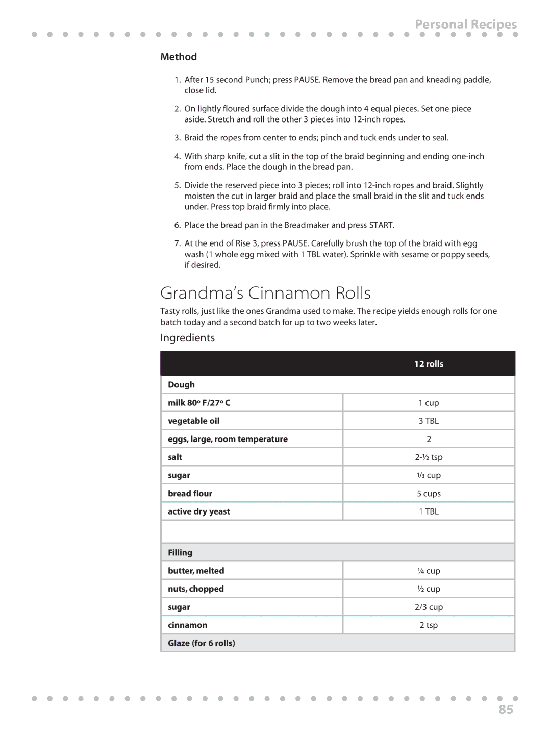 Toastmaster WBYBM1 manual Grandma’s Cinnamon Rolls, Dough Milk 80º F/27º C, Eggs, large, room temperature Salt 