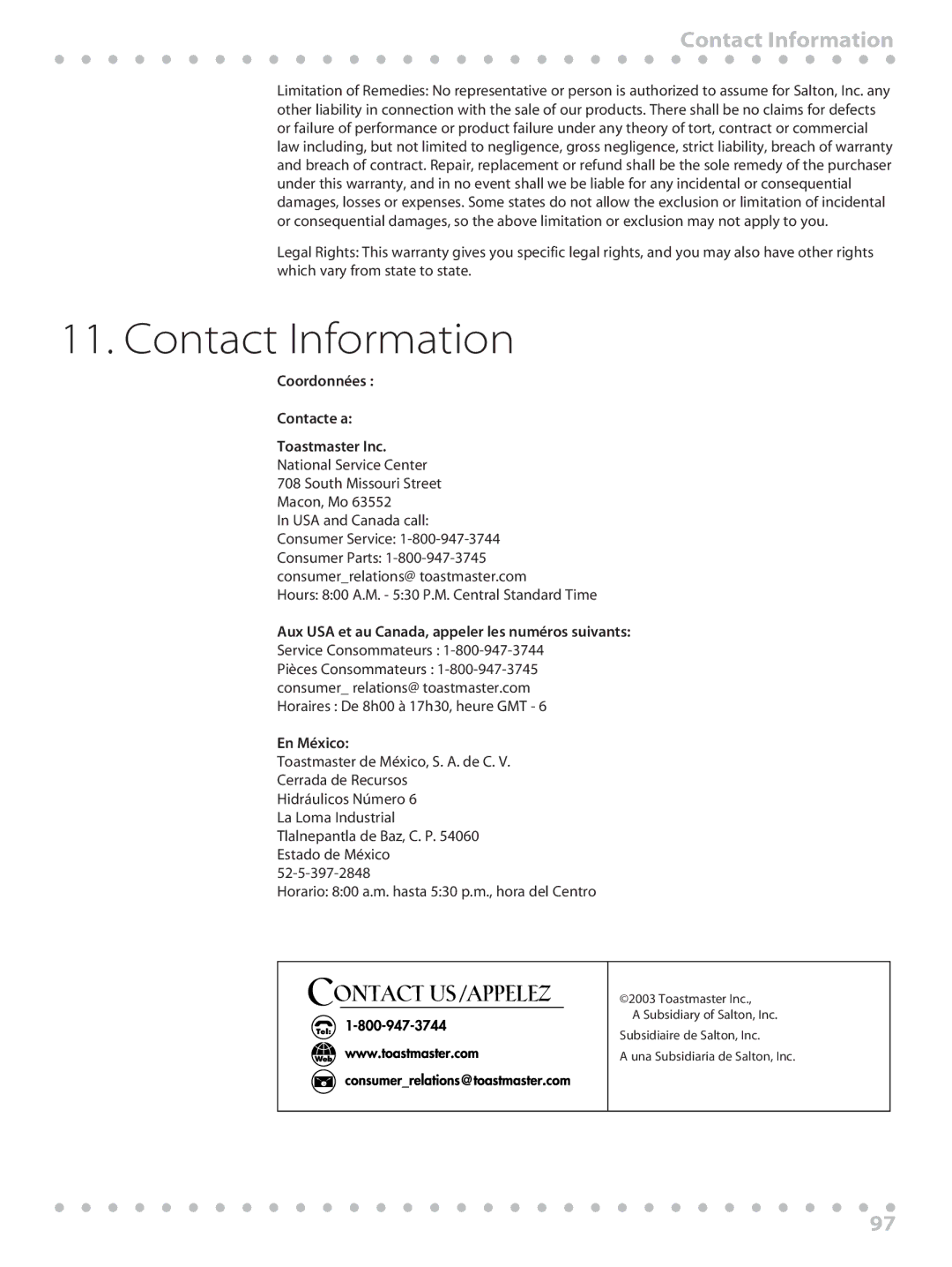Toastmaster WBYBM1 manual Contact Information 