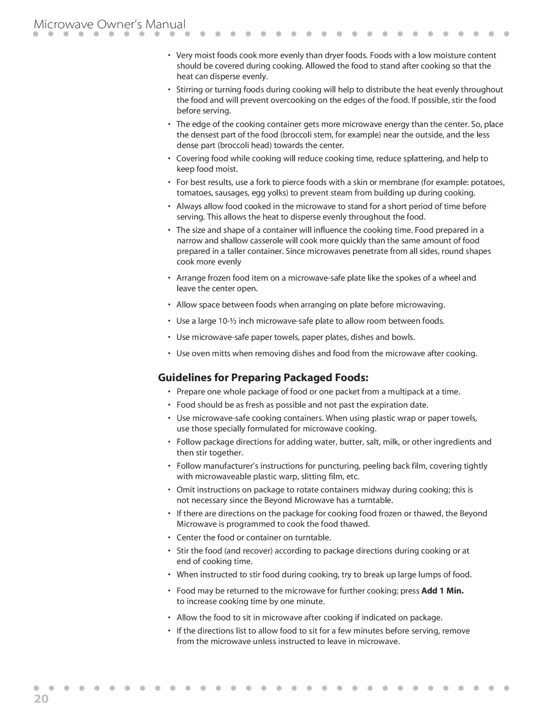 Toastmaster WBYMW1 manual Guidelines for Preparing Packaged Foods 