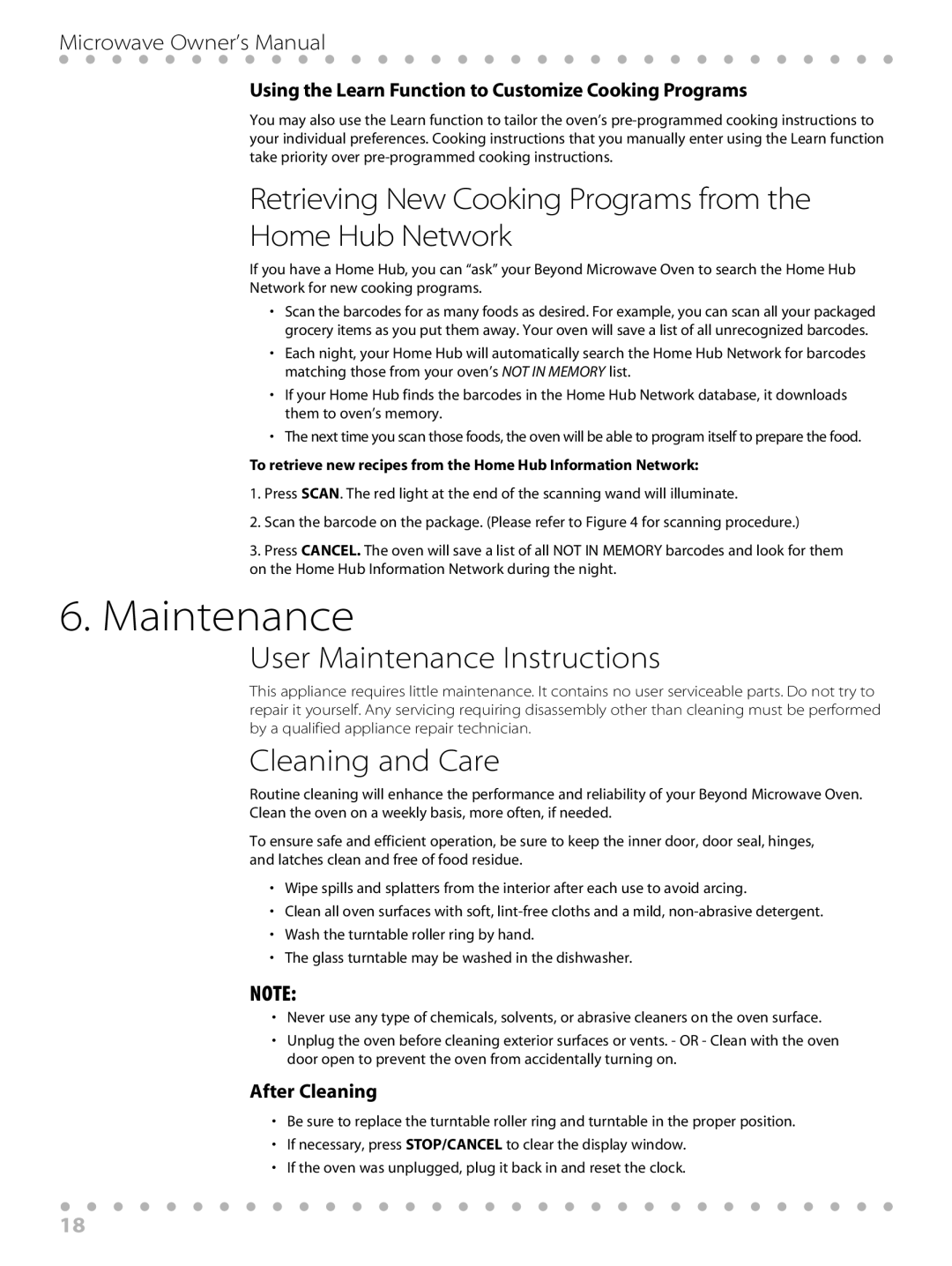 Toastmaster WBYMW1 manual Retrieving New Cooking Programs from the, Home Hub Network, User Maintenance Instructions 