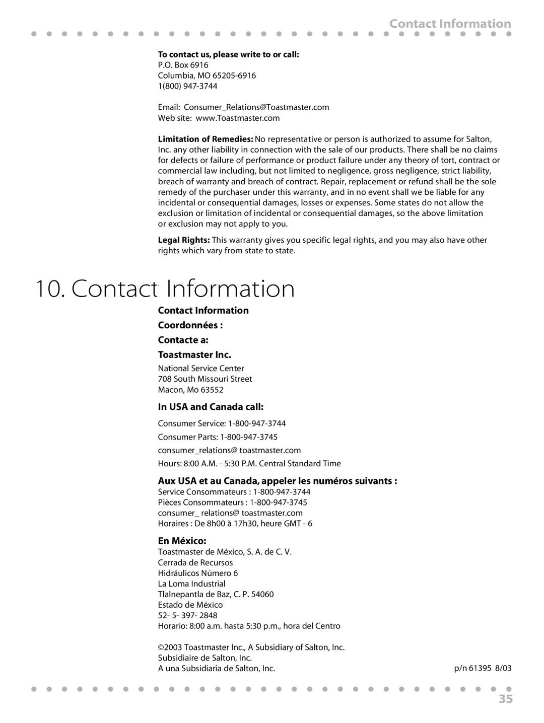 Toastmaster WBYMW1 manual Contact Information, Coordonnées, Contacte a, Toastmaster Inc, In USA and Canada call, En México 