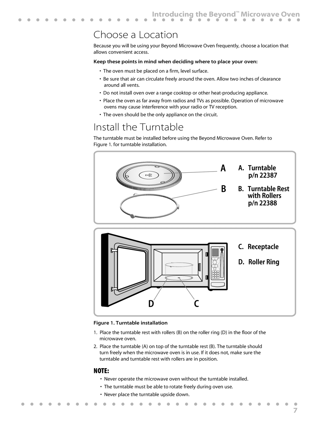 Toastmaster WBYMW1 manual Choose a Location, Install the Turntable, Introducing the Beyond Microwave Oven 