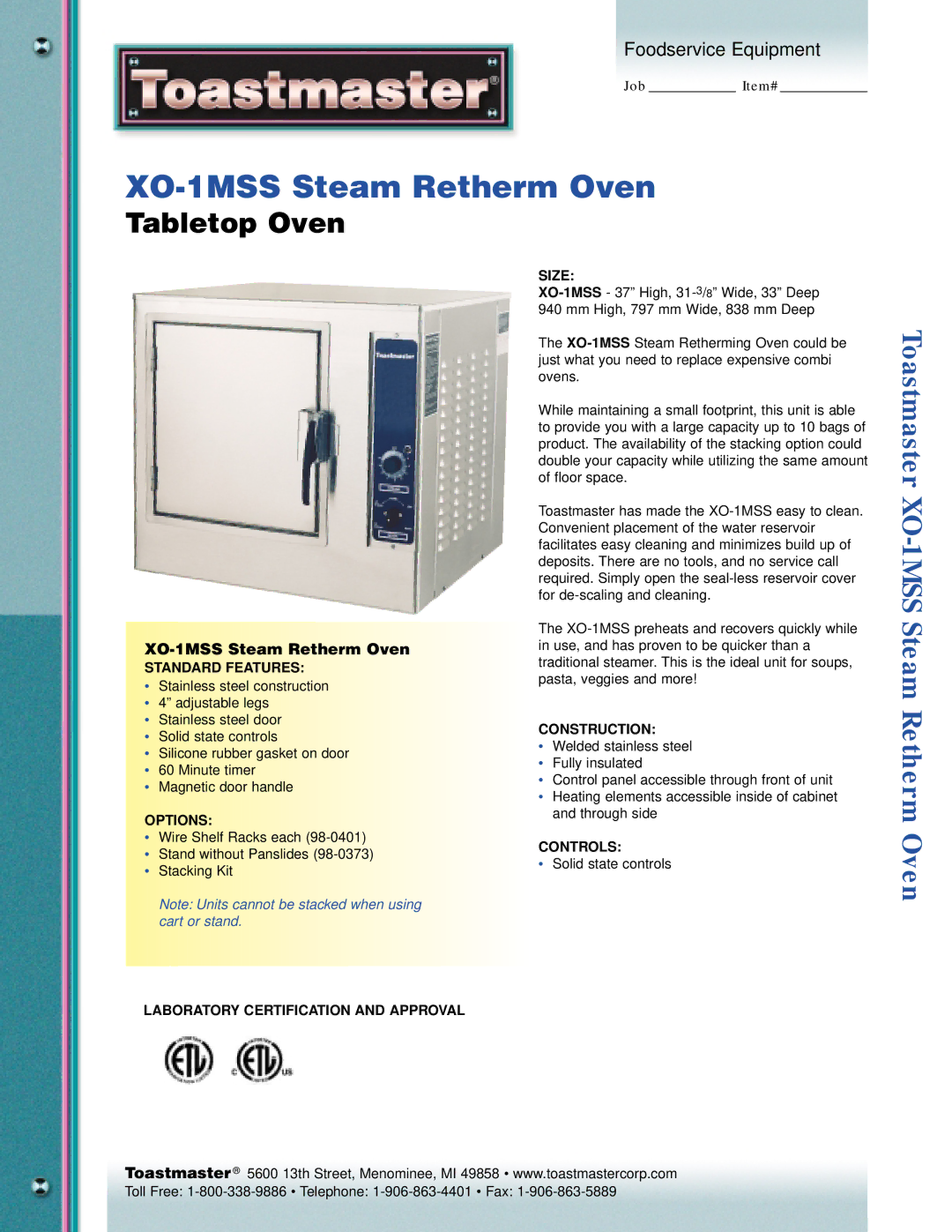 Toastmaster manual XO-1MSS Steam Retherm Oven, Tabletop Oven 