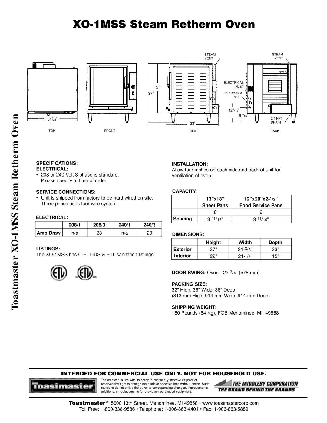 Toastmaster manual XO-1MSS Steam Retherm Oven, Toastmaster XO-1MSS Steam 