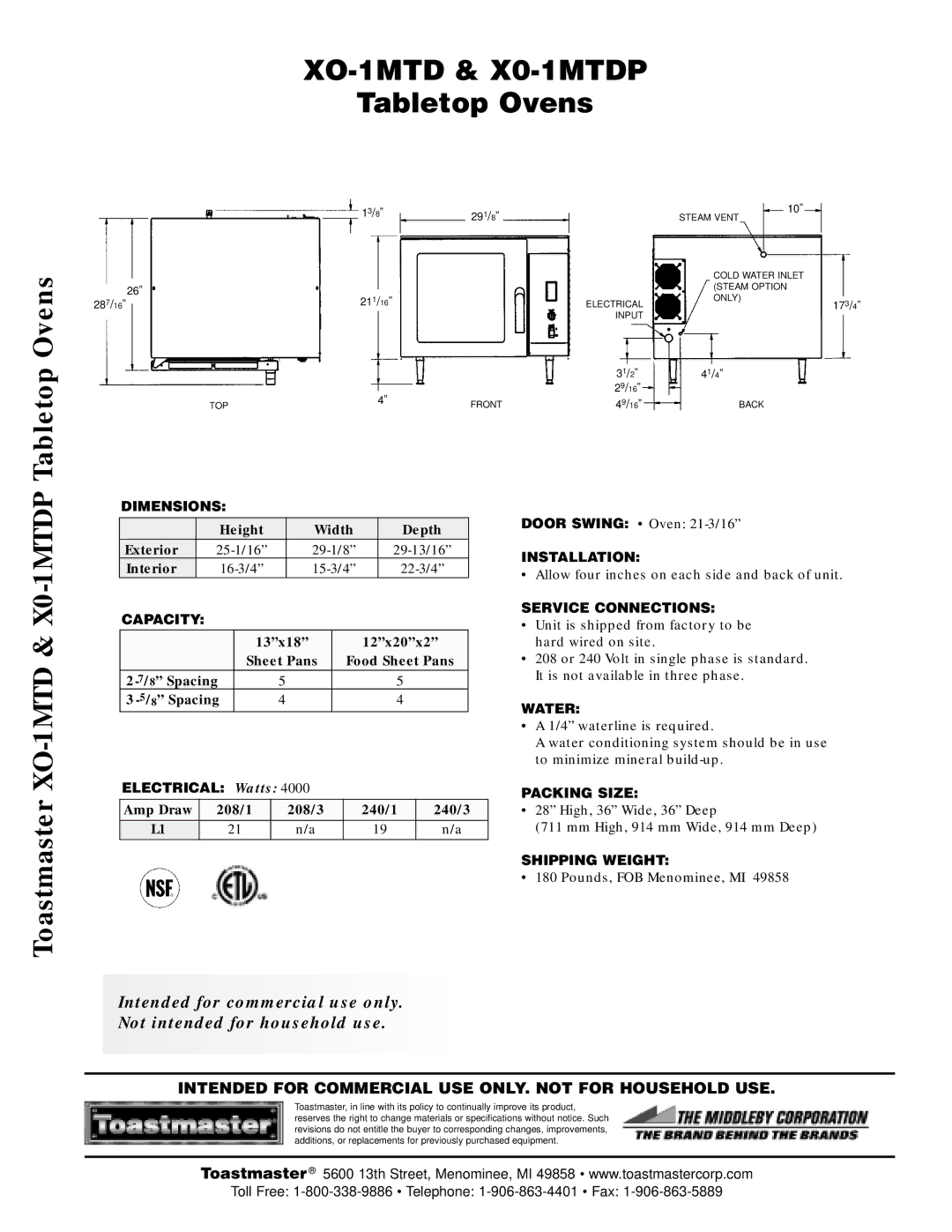 Toastmaster XO-1MTDP manual Tabletop Ovens, Toastmaster XO-1MTD & X0-1MTDP 