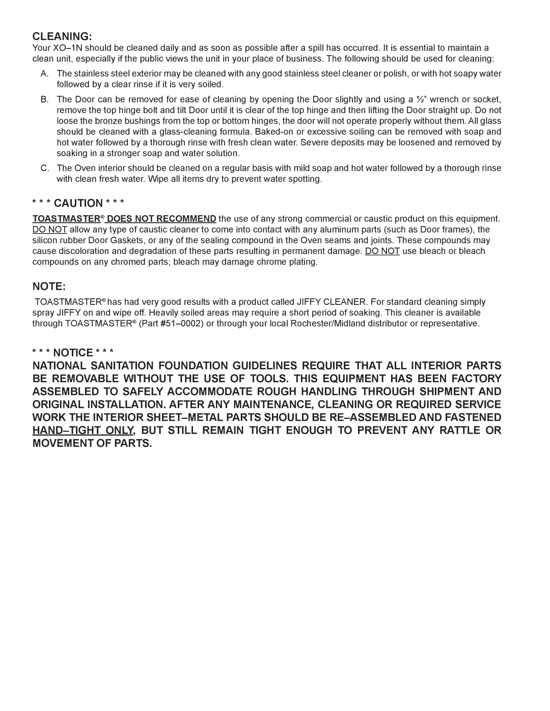 Toastmaster XO-1N manual Cleaning 