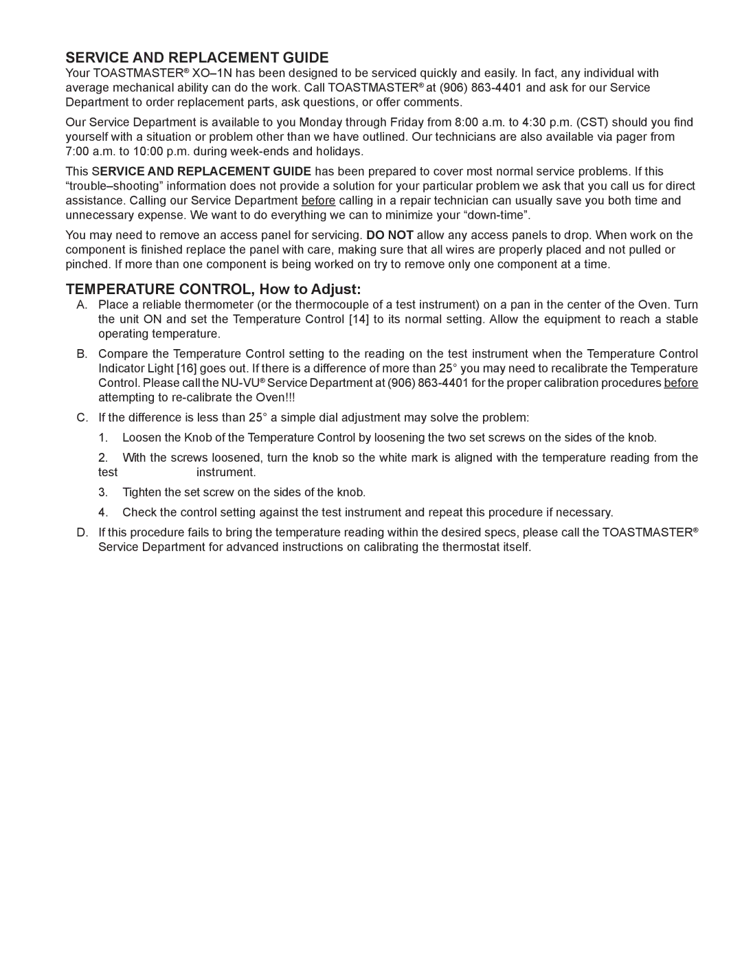 Toastmaster XO-1N manual Service and Replacement Guide, Temperature CONTROL, How to Adjust 