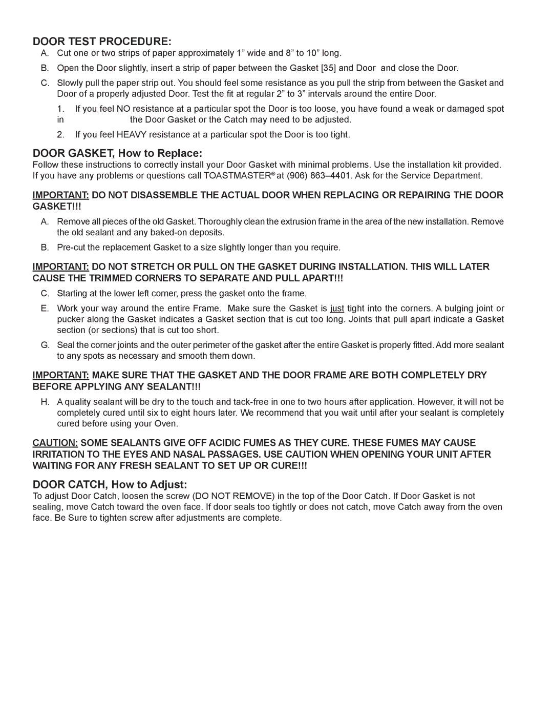 Toastmaster XO-1N manual Door Test Procedure, Door GASKET, How to Replace, Door CATCH, How to Adjust 