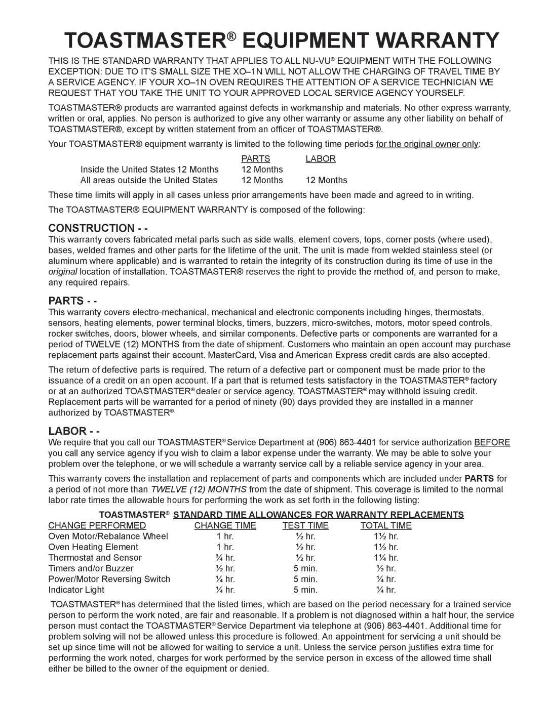 Toastmaster XO-1N manual Parts, Labor 