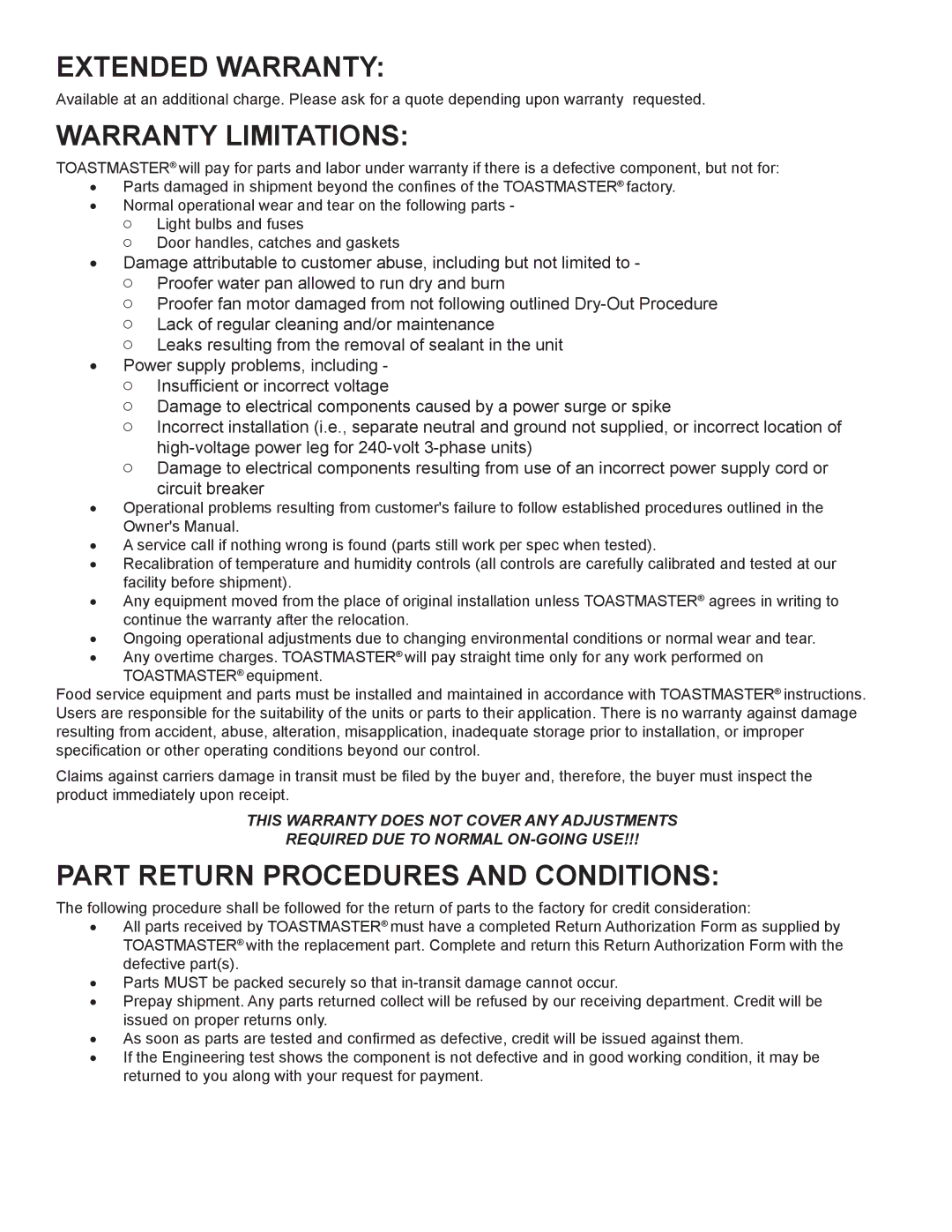 Toastmaster XO-1N manual Extended Warranty 