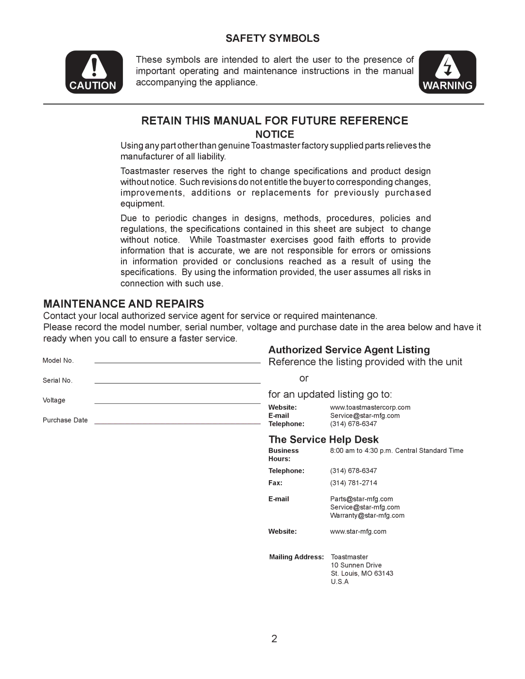 Toastmaster XO-1N manual Safety Symbols, Service Help Desk 