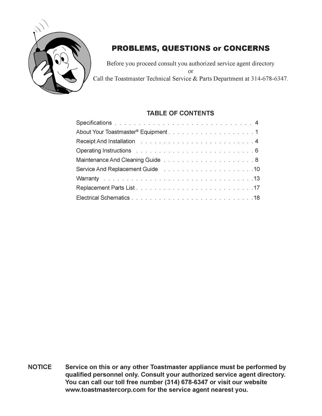 Toastmaster XO-1N manual PROBLEMS, Questions or Concerns, Table of Contents 