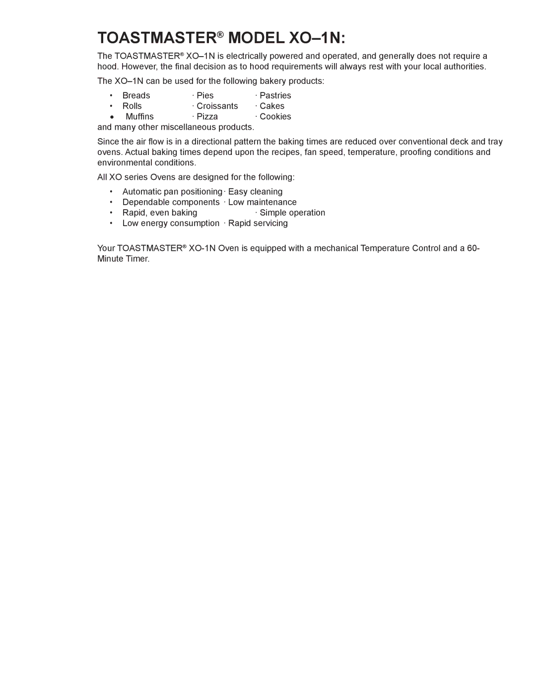 Toastmaster manual Toastmaster Model XO-1N 