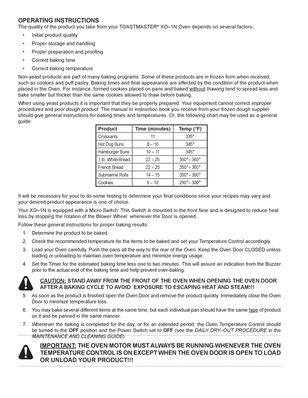 Toastmaster XO-1N manual Operating Instructions, Product Time minutes Temp F 