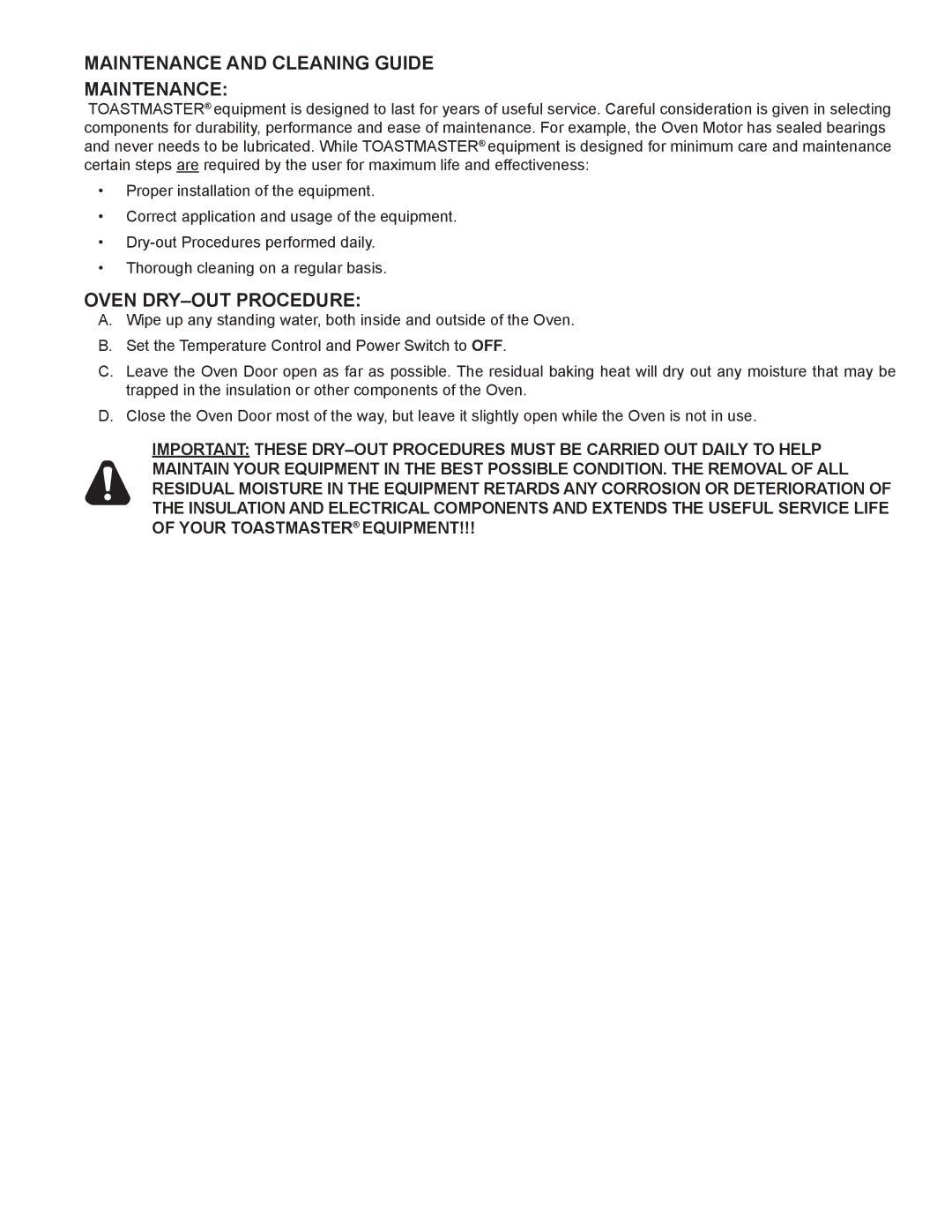 Toastmaster XO-1N manual Maintenance and Cleaning Guide, Oven DRY-OUT Procedure 