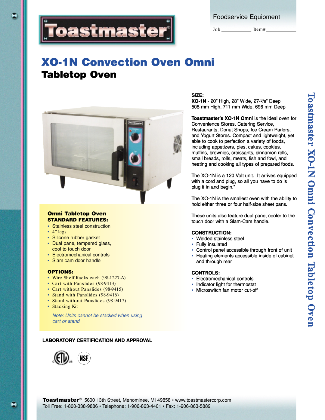 Toastmaster XO-1N manual Convection Oven, Installation and Operation Instructions, Omni Tabletop Oven, Models 
