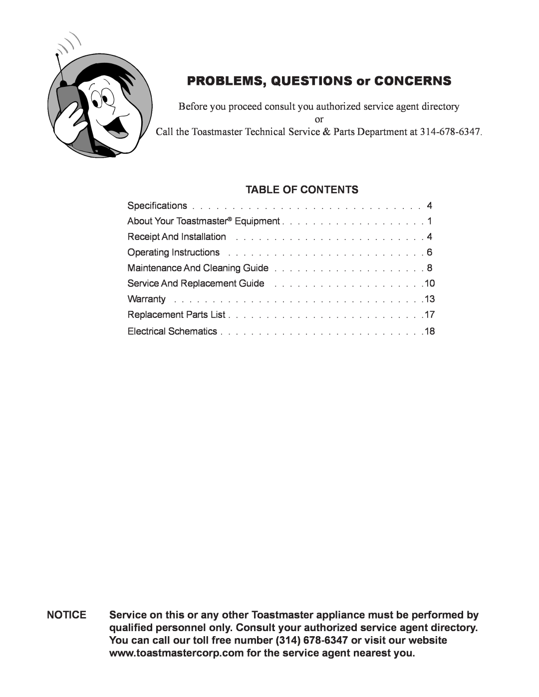 Toastmaster XO-1N manual Table Of Contents, You can call our toll free number 314 678-6347 or visit our website 